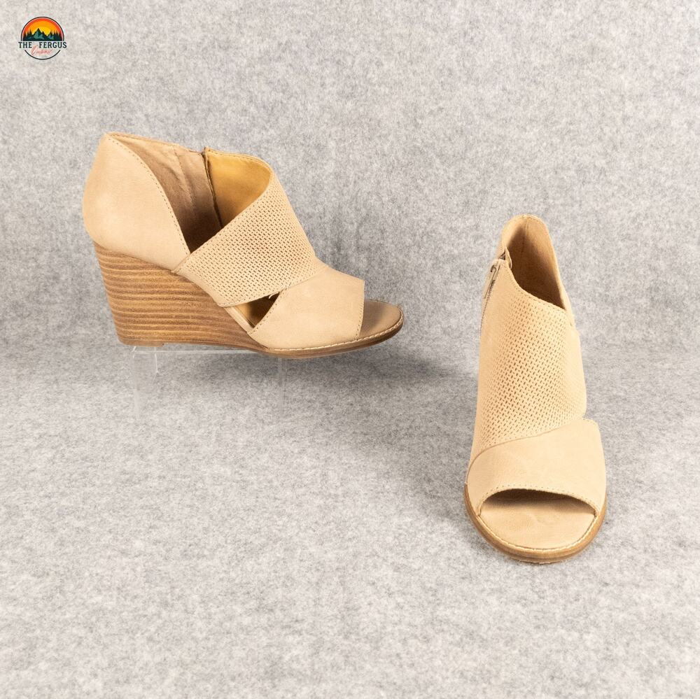 Lucky Brand Ankle Booties Beige Nude Leather Wedge Heel Open Toe Women's Size 6M